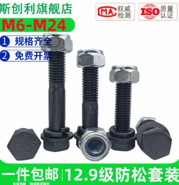 Grade 12.9 Extended Hex Head Bolt and Screw Set with Lock Nuts and Washers (M10, M12, M14, M16, M18, M24)
