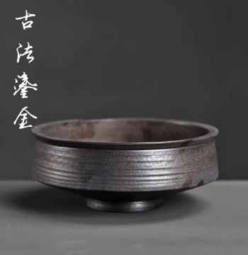 High-Footed Coarse Pottery Large Tea Wash Basin - Ceramic Kung Fu Tea Set Accessory with Ancient Bronze Gilding Finish