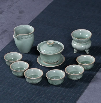 Longquan Celadon Kung Fu Tea Set for Home and Office, Complete Set Including Gaiwan, Teapot, Tea Washer, and Ceramic Tea Ware, Minimalist Design