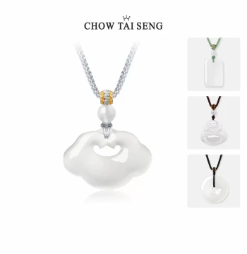Chow Tai Seng 'Everlasting Smile' Buddha White Moonlight Chalcedony Pendant, Big-Belly Buddha Jade Necklace for Women, Birthday Gift