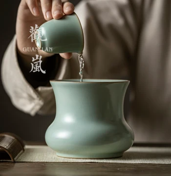 Guanlan Sky-Blue Ru Kiln Jian Water Tea Waste Bucket, Tea Washer with Crackled Glaze, Cultivable Ru Porcelain Tea Washer Basin, Ceramic Kung Fu Tea Set Accessories