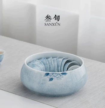 Sanxun Hand-Painted Butterfly & Flower Tea Washer - Large Ceramic Water Bowl and Cup Rinser for Kung Fu Tea Sets