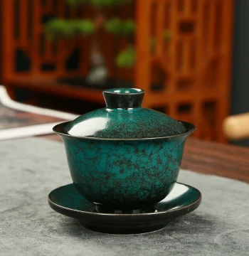 Ceramic Household Kung Fu Tea Set Including Teapot, Gaiwan, Tea Way, Fairness Cup, and Tea Washer; Single Piece Minimalist Living Room Turquoise Kiln-Change Style