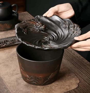 Purple Pottery Double Dragon Playing with Pearl Tea Dregs Container, Home Gongfu Tea Ceremony Accessory, Filtered Tea Water Jar, Jian Shui, Tea Cup, and Light Luxury Tea Bowl