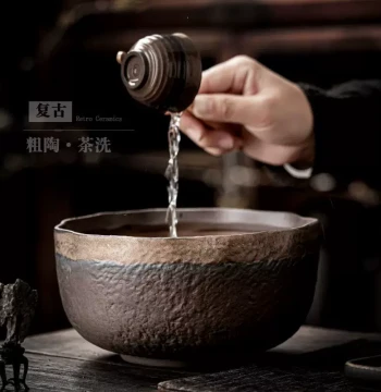 Vintage Large Ceramic Tea Wash Basin for Home Use, Cup Storage Bowl, Gongfu Tea Set Accessory, Brush Washer, Water Vessel