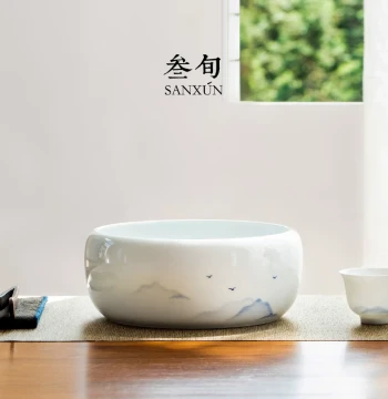 Sanxun Hand-Painted Distant Mountain Tea Wash - Large Ceramic Water Basin and Tea Residue Container for High-End Kung Fu Tea Sets