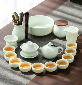 Jade Kung Fu Tea Set with Sancai Gaiwan, Teapot, Tea Washer, Tea Canister, and Six Gentlemen Accessories in a Large Gift Box