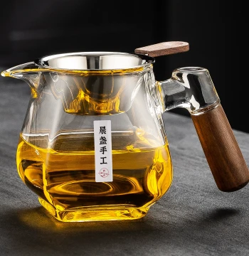 Wooden Handle Heat-Resistant Glass Fairness Cup, 2025 New Model with Integrated Tea Filter Net, Tea Brewing Device, Tea Set with Dividing Cup