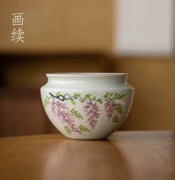 Plant Ash Hand-Painted Wisteria Flower Tea Dregs Bucket, Jian Water Tea Washer, Ceramic Water Bowl and Jar, Kung Fu Tea Set Accessories, Waste Water Bucket