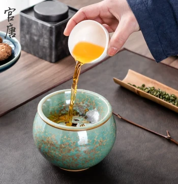 Flame-Transformed Green Glaze Tea Wash, Jian Shui Tea Residue Jar with Lid, Zen-Style Cup Washer, Ceramic Water Vessel, Tea Cup Basin, Gongfu Tea Set Accessory