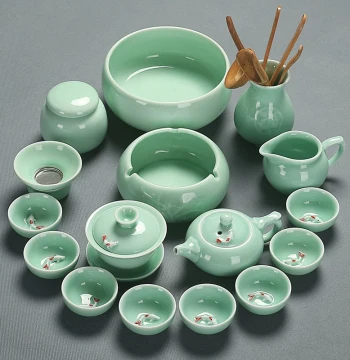 Celadon Kung Fu Tea Set for Home and Office, Minimalist Lidded Bowl, Teapot, Fish Cup, Tea Washer, Tea Ceremony Tray, Complete Ceramic Set