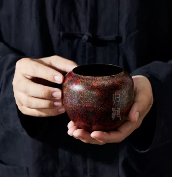 Guihong Premium Tea Wash Bowl, Red-Gold Rustic Painted Jian Shui Waste Container for Chinese Tea Ceremony