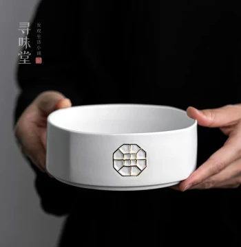 Matte White Gold-Outlined Window Flower Tea Washer | Minimalist Chinese Style Cup Washer Home Ceramic Tea Water Container Kung Fu Tea Set Brush Wash