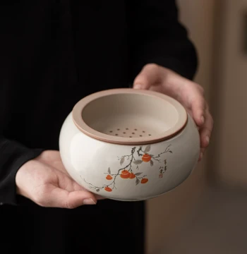 Beige Ru Kiln Tea Waste Container: Household Ceramic Tea Washing Basin, Tea Water Bucket, Wastewater Tank; Kung Fu Tea Set Accessory and Tea Ceremony Component