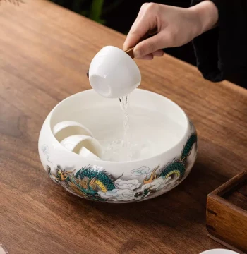 Mutton Fat Jade QHV Ceramic Tea Wash, Cup Washer, Large High-End Kung Fu Tea Accessory, Tea Table Piece, Clean Cup Display