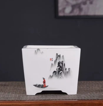 Light Luxury Zisha Planter: Square Ceramic Pot with Colorful Ink-Wash Landscape Painting – Ideal for Orchid Bonsai, Chinese Style, Special Offer