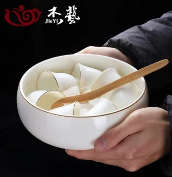 Large Mutton Fat Jade Tea Washing Bowl, Brush Washer, Water Vessel, Teacup Rinser, White Porcelain Home Chinese Kung Fu Tea Set Basin and Tea Residue Container