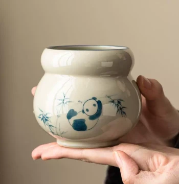 Hand-Painted Panda Playing with Bamboo on Gourd-Shaped Jianwater Pot in Wood Ash Glaze; Ceramic Tea Wash, Waste Water Bucket, and Water Bowl for Home Kung Fu Tea Sets