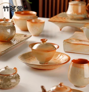 Wood-Fired Flowing Glaze Gaiwan, Pot Stand, Teacup, Teapot, Fairness Cup, Tea Divider, and Waste Water Bowl: Complete Kung Fu Tea Set