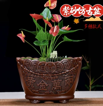 Yixing Antique-Style Zisha Flower Pot with Relief Carving - Extra Large Indoor Decorative Bonsai Pot for Orchids (Clearance Sale)