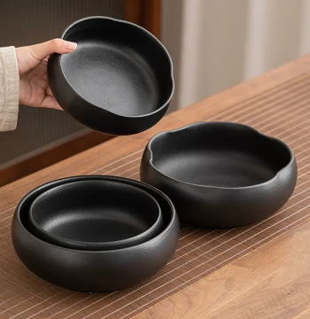 Black Coarse Pottery Tea Washer, Brush Washer, Tea Bowl, Water Vessel, Cup - Kung Fu Tea Set Accessories in Various Sizes