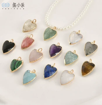 Natural Crystal and Jade Pointed Heart Pendants with Gold-Plated Edges; DIY Materials for Handmade Bracelets, Necklaces, Earrings, and Charm Accessories