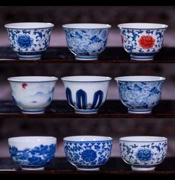 Ceramic Teacup Medium Tasting Cup Kung Fu Tea Set Master Cup Blue and White Porcelain Underglaze Jingdezhen Celadon Body