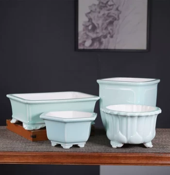 Premium Zisha Flower Pot, Blue-and-White Glazed Rectangular or Square Planter for Green Plants, Succulents, and Orchids; Chinese Minimalist New Style Bonsai Pot