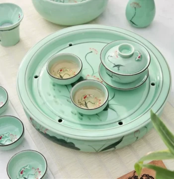 Longquan Celadon Hand-Painted Lotus and Carp Tea Strainer, Teacup, Tea Washer, Funnel, Gaiwan, and Teapot Kung Fu Tea Set with Tea Filter