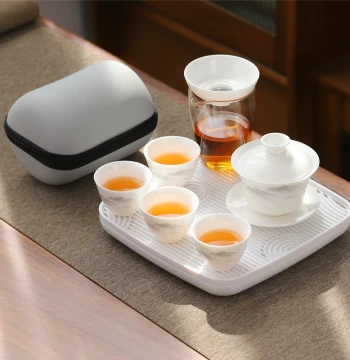 Mutton Fat Jade White Porcelain Travel Kung Fu Tea Set, Small Portable Gaiwan and Teacup Kit for One Person, Outdoor Brewing