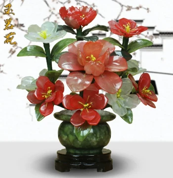 Jade Ware Chinese Style Camellia Ornament, Living Room Home Decor, Jade Carved Flower Entryway TV Cabinet Plant Pot