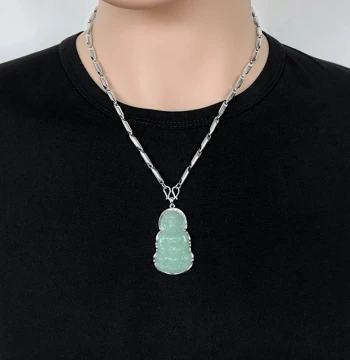 Men's Jade Guanyin Necklace with Natural Burmese Jade Bamboo Joint Chain and Silver Inlay, Zodiac Year Pendant