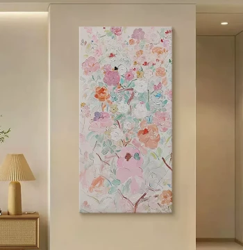 Pink Floral Textured Painting, Pure Hand-Painted Oil Art, Entrance Hallway Decor for Cream-Style Interior, Hanging Picture for Entryway
