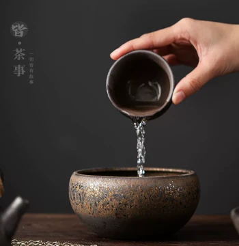 Gilded Ceramic Tea Washer, Chinese Style Kung Fu Tea Ceremony Home Use Small Cup Washer, Brush Washer, Water Vessel, Jian Shui, Tea Dregs Container