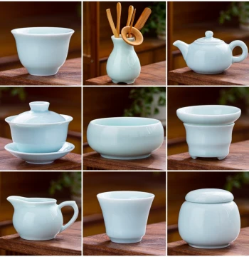 Ceramic Kung Fu Tea Set Components: Lidded Bowl (Gaiwan), Teapot, Filter, Tea Wash, Fairness Cup (Gongdao Bei), Tea Pitcher, Teacups, and Ashtray