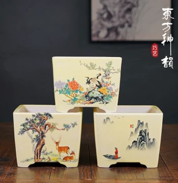 Premium Zisha Square Bonsai Pot: Large-Opening Creative Succulent Planter with Colored Paintings and Decals, Chinese Style Ceramic Greenery Pot