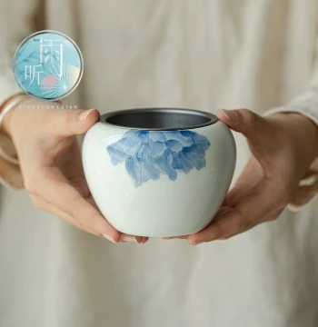 Hand-painted Jade Mud Jian Shui, Underglaze Blue Peony Tea Waste Container with Lid, Dry Tea Tray, Household Kung Fu Tea Set, Ceramic Tea Wash