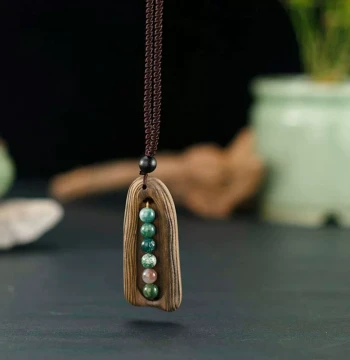 Good Luck Continues ~ Handmade Sandalwood Pendant for Women, Long Sweater Necklace, Ethnic Style Apparel Accessory, Simple Jade Pendant