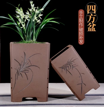 Purple Clay Square Flower Pot for Orchids - Twisted Tree Stump Bonsai Planter, Premium Indoor Living Room and Balcony Greenery Landscape Pot with Free Shipping
