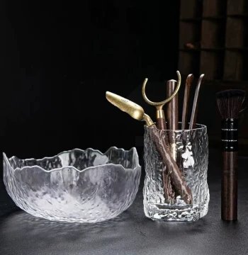 Glass Tea Ceremony Accessories for Kung Fu Tea Sets: Tea Washing Basin, Tea Knife, Tea Brush, Pot Nurturing Brush, and Six Gentlemen Tool Set Components