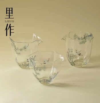 Lizuo Premium Pine-Crane Pattern Glass Hexagonal Fairness Cup Exquisite Handmade Transparent Tea Divider New Chinese Style Heat-Resistant Tea Sea