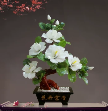 Jade Carved Flower Tree Ornament. Peony Decor for Living Room Wine Cabinet and Office. Creative Home Entryway Bonsai Display