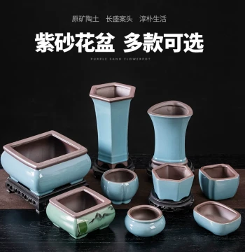 Zisha Flower Pot for Home Succulents - High-Foot Breathable Chinese Style Ge Kiln Unique Greenery Bonsai Planter Ornament