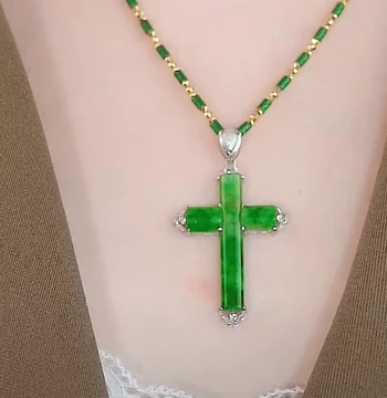 Natural Jade and Agate Pendant with Diamond Inlay, Green Cross Design, Gold-Plated Necklace for Couples
