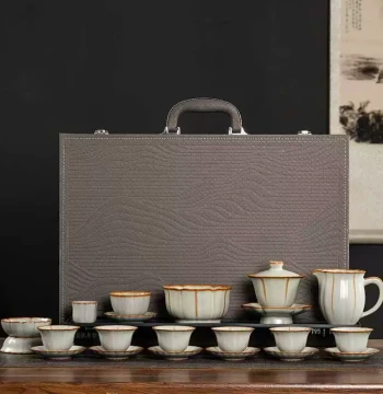 Premium Ru Kiln Complete Kung Fu Tea Set: Gaiwan, Tea Cups, Coasters, and Washing Basin Kit in Gift Box for Home, Living Room, or Office