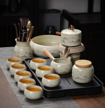 Beige Ru Kiln Automatic Tea Set - Lightweight New Home Lazy Brewing Device with Stone Mill Kung Fu Tea Cups