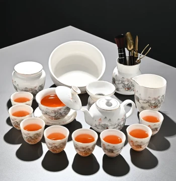 New Mutton Fat Jade Hovering Gaiwan Tea Set - Light Luxury Home Kung Fu Tea Set with Teapot Cups and Tray for Living Room