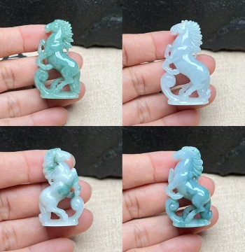 Jadeite Zodiac Horse Pendant, Burmese Natural Jade Grade A Emerald Green Floating Flower 3D Twelve Zodiac Horse Birth Year Charm