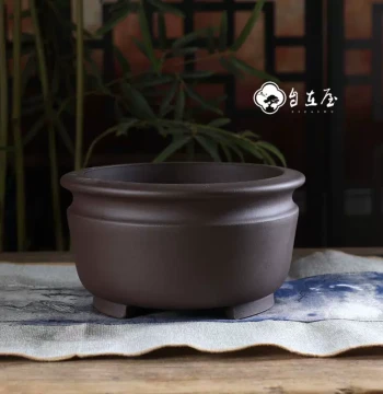 Zizaiwu Selected Large Zisha Flower Pot - Desktop Greenery and Bonsai Planter with Chinese Minimalist Concave Wide Rim Design