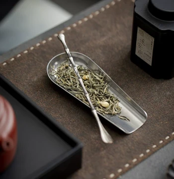 Caomuci Full-Stainless Steel Tea Scoop and Tea Holder Set - Tea Measuring Spoon, Tea Caddy, and Tea Appreciation Tool for Kung Fu Tea Ceremony